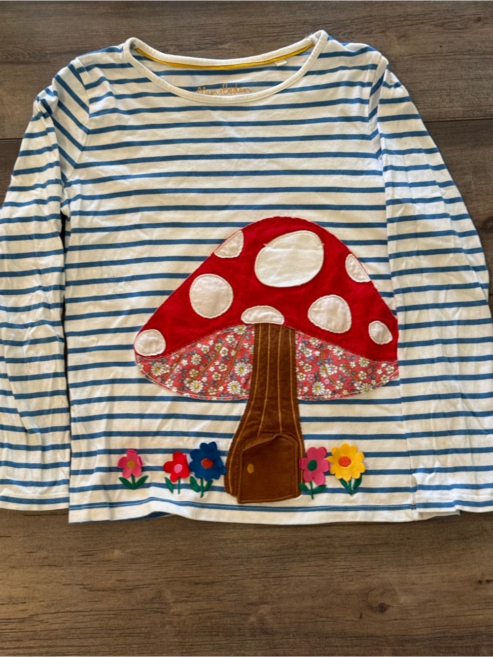 Mini Boden Girls' Blue Stripe Mushroom Appliqué Long-Sleeve Top - Size 9/10